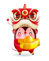 Lion head . Little rat with holding chinese gold. Ingot. zodiac mice of Animal lucks year 2020 of the rat. Chinese New Year. Cartoon vector illustration isolated on a white background.