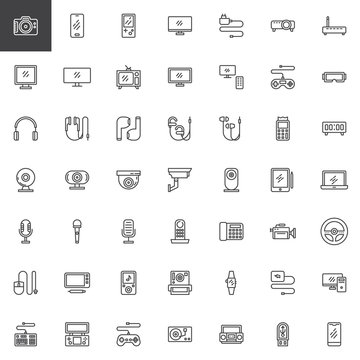 Electronic gadgets line icons set. linear style symbols collection outline signs pack. vector graphics. Set includes icons as Digital photo camera, Mobile phone, Computer monitor, Retro TV, MP3 player