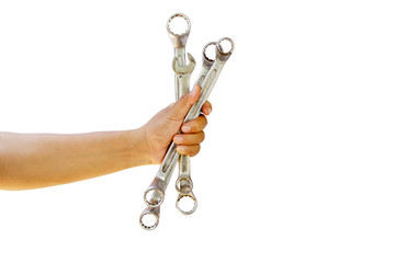 hand holding a wrench isolated on white background