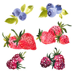 Watercolor clip art selection of summer berries. Strawberries, blueberries and raspberries