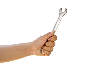 hand with wrench isolated on white