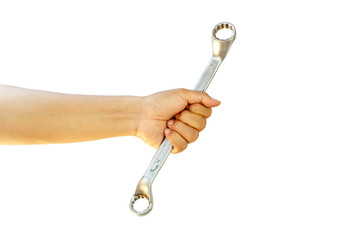 hand holding wrench isolated on white