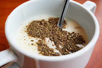 Closeup mushroom cream soup on the table