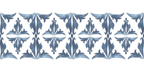 Damask style seamless watercolor pattern. Indigo blue horizontal border