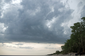 The coast of the restless dark blue sea and the trees on the sandy slope stretching into the horizon against the background of a pre thunderous gloomy sky with dark large heavy clouds