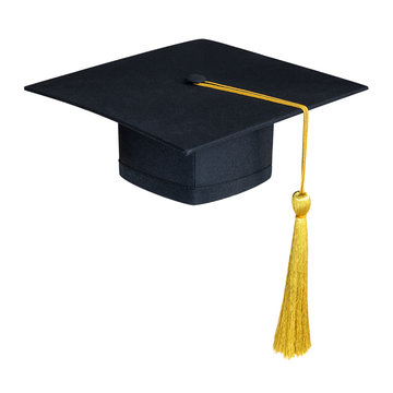 Graduation hat, Academic cap or Mortarboard in black isolated on white background (clipping path) for educational hat design mockup and school commencement hat mock-up template