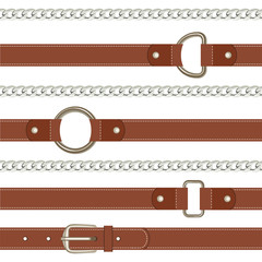 Brown belt and steel metal chain seamless pattern on white background. Vector illustration of strap in cartoon flat style. 