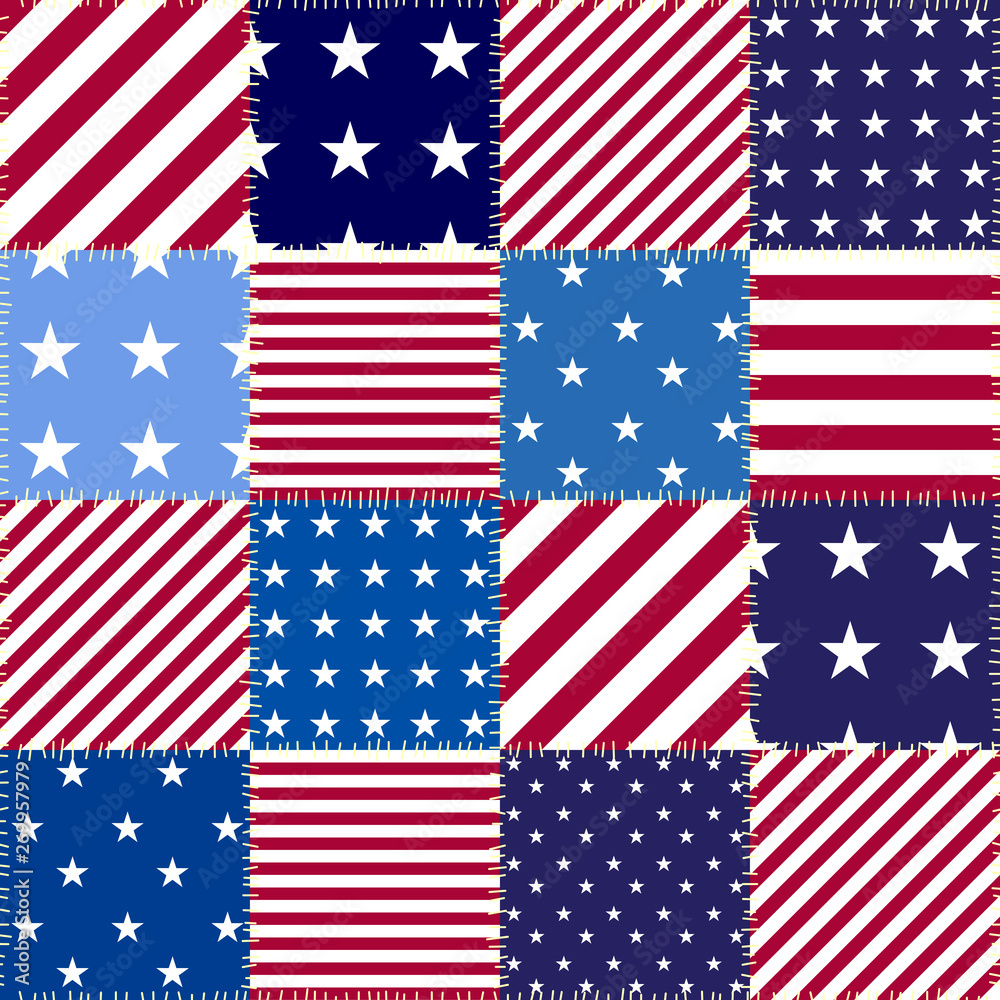 Poster Seamless vector image. Imitation of a patchwork of a USA flag patterns.