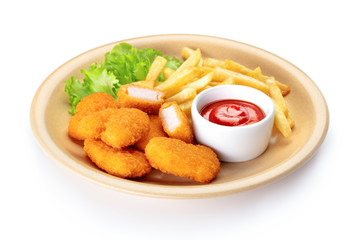 chicken nuggets with french fries, ketchup and salad in brown 