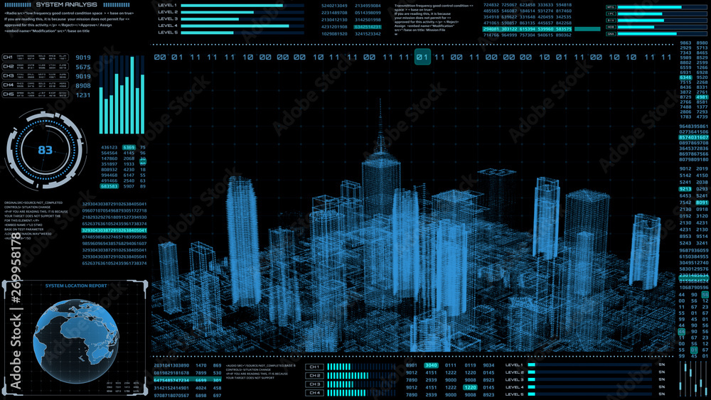Aufkleber HUD Futuristic Virtual 3D Hologram City Target Scanning Mission Communication Report Panel. Wireframe Reality Tower Building Digital Data Screen UI Sci Fi Technology Element.