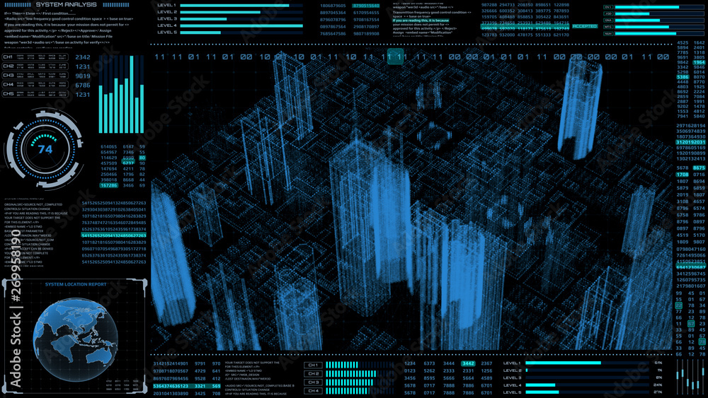 Poster HUD Futuristic Virtual 3D Hologram City Target Scanning Mission Communication Report Panel. Wireframe Reality Tower Building Digital Data Screen UI Sci Fi Technology Element.