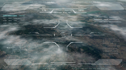 Aerial view HUD digital futuristic surveillance monitor screen display. Hi technology satellite crosshairs target flying scanning for security mission UAV attack imitation inspiration concept.