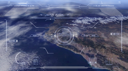 Aerial view HUD digital futuristic surveillance monitor screen display. Hi technology satellite crosshairs target flying scanning for security mission UAV attack imitation inspiration concept. - obrazy, fototapety, plakaty