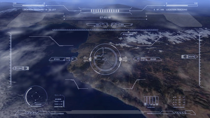 Aerial view HUD digital futuristic surveillance monitor screen display. Hi technology satellite crosshairs target flying scanning for security mission UAV attack imitation inspiration concept.