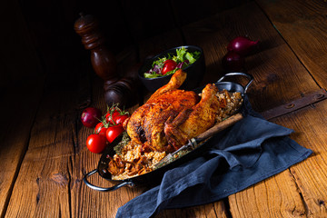 Grilled spicy chicken with barley groats and mushrooms