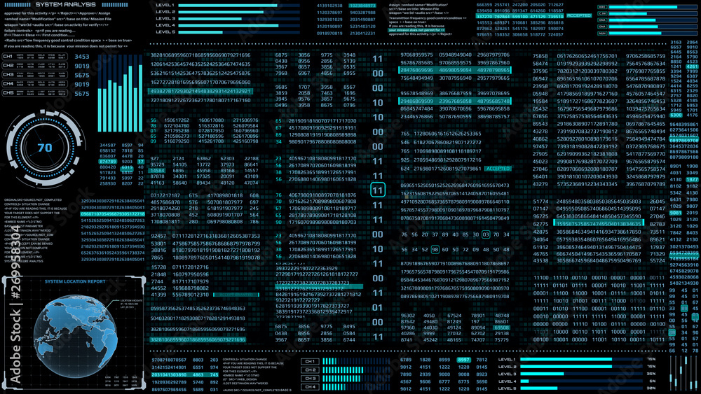 Aufkleber HUD Futuristic Digital Encoder Decoder Data Number Selection Code Background. Virtual Reality  Abstract Random Count Binary Decimal Statistics Monitor Display Illustration.