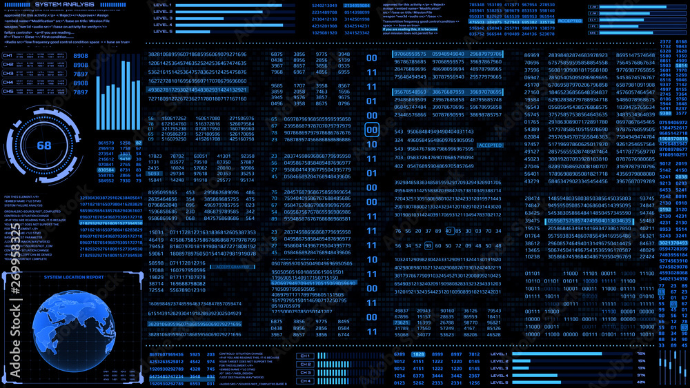 Aufkleber HUD Futuristic Digital Encoder Decoder Data Number Selection Code Background. Virtual Reality  Abstract Random Count Binary Decimal Statistics Monitor Display Illustration.