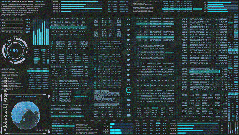 Fototapete HUD Futuristic Digital Encoder Decoder Data Number Selection Code Background. Virtual Reality Abstract Random Count Binary Decimal Statistics Monitor Display Illustration.