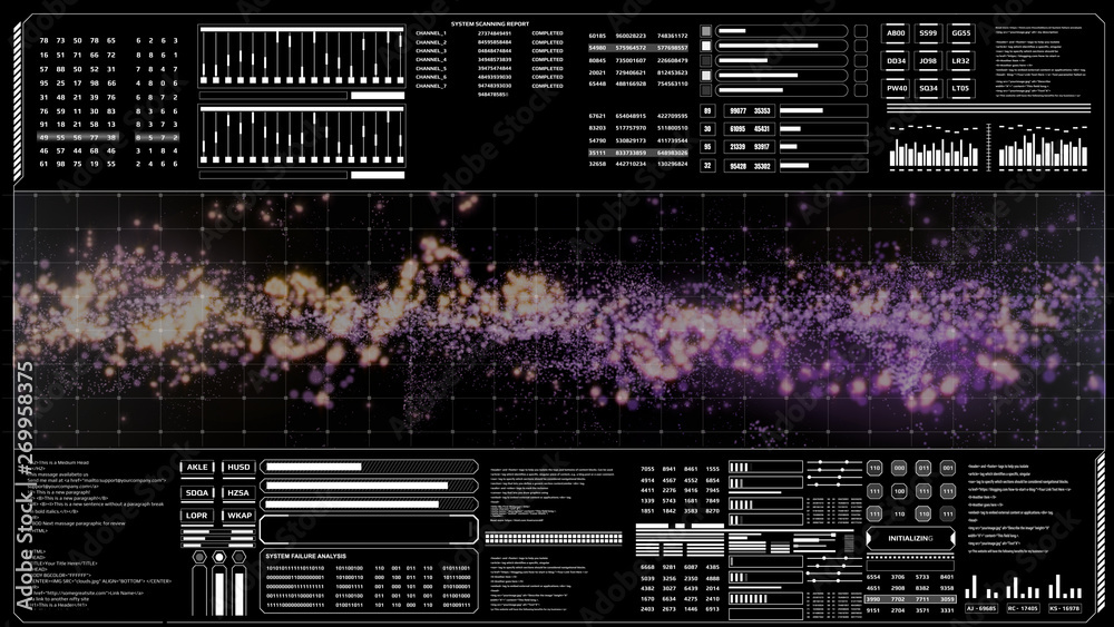 Aufkleber HUD Futuristic Hi Technology Program Data Binary Code Screen Display Elements Background.Cyberspace Glow Plasma Particle Holographic Form Slow Swirl In Mystery Galaxy Animation.