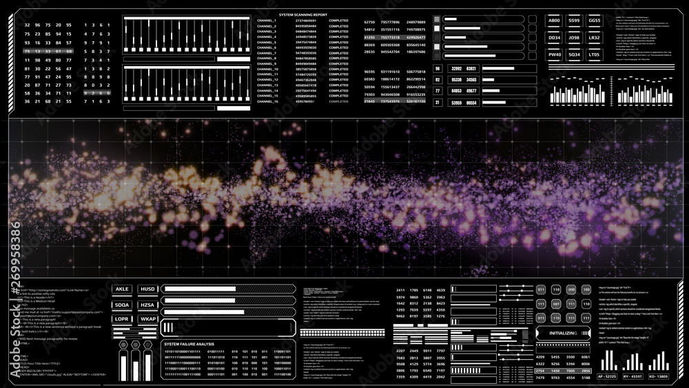 Poster HUD Futuristic Hi Technology Program Data Binary Code Screen Display Elements Background.Cyberspace Glow Plasma Particle Holographic Form Slow Swirl In Mystery Galaxy Animation.