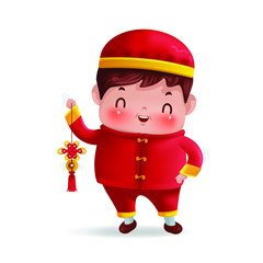 Boy in red cheongsam dress. Chinese children personality. Hold chinese moneylantern. Decorative items during the festival of Chinese culture. Cute traditional costume style.