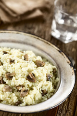 Fresh homemade mushroom risotto on rustic plate (Selective Focus, Focus one third into the image)