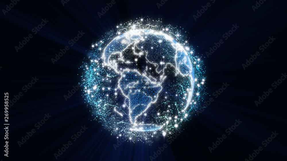 Poster earth planet virtual hologram graphic glowing bright with mystery nebula cloud and star surround. fu