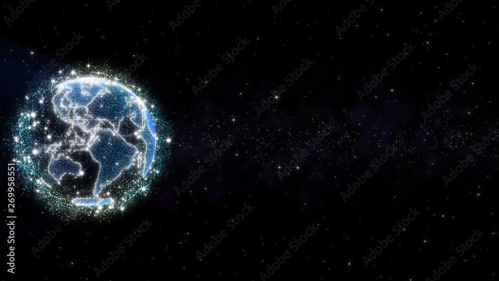 Poster earth planet virtual hologram graphic glowing bright with mystery nebula cloud and star surround. fu