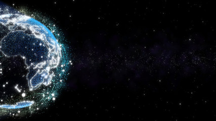 Earth Planet Virtual Hologram Graphic Glowing Bright With Mystery Nebula Cloud And Star Surround. Futuristic Globe Float In Galaxy Concept Illustration Background Design.