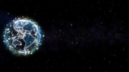 Earth Planet Virtual Hologram Graphic Glowing Bright With Mystery Nebula Cloud And Star Surround. Futuristic Globe Float In Galaxy Concept Illustration Background Design.