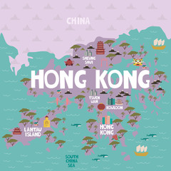 Illustrated map of Hong Kong with cities and landmarks. Editable vector illustration - obrazy, fototapety, plakaty