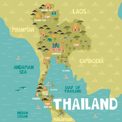 Illustrated map of Thailand with cities and landmarks. Editable vector illustration - obrazy, fototapety, plakaty
