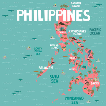 Illustrated Map Of Philippines With Cities And Landmarks. Editable Vector Illustration