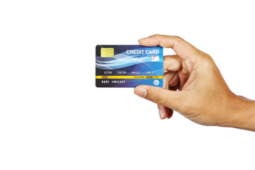 A man showing credit card isolate on white background.