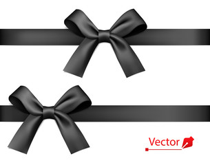 Black realistic gift bow with horizontal ribbon. Vector holiday design element for banner, greeting card. 