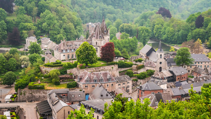 Aerial view of medieval town of Durbuy, Wallonia, Ardennes, Belgium.