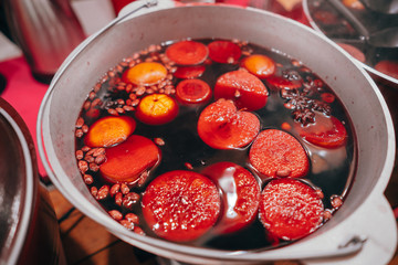 Freshly cooked mulled wine in the pan
