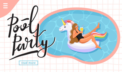 Pool party invitation landing page template. Woman floating and sunbathing on inflatable ring in swimming pool. Summer rest and vacation concept. Vector illustration.