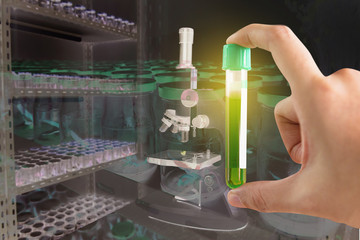 Double exporse of image of research herbal medicine at lab , test pharmaceutical with Shaker plant growth experiments done in the laboratory of plant tissue.