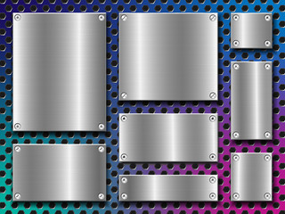 Metal several colors background with hexagon punching and polished steel plate fastened with screws