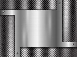 Metal background with punching and polished steel plate fastened with screws