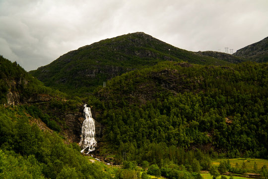 Panoramic view to Fossenbratte waterfall at Lona river, Samnanger , Norway