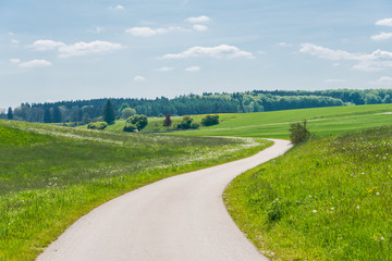 Beautiful road in the nature. Blue sky and green meadows beautiful surroundings to make a trip by car on the road