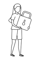 young woman lifting padlock character