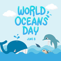 Obraz premium whale , dolphin , shark and turtle in the ocean with text World Oceans Day. vector of marine life for celebration dedicated to help protect, and conserve world oceans, water, ecosystem