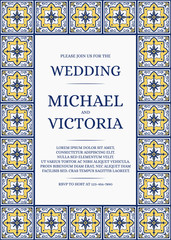 Traditional wedding invite card template vector. Ethnic tile pattern with white, blue and yellow background. Spanish save the date design or summer invitation party.