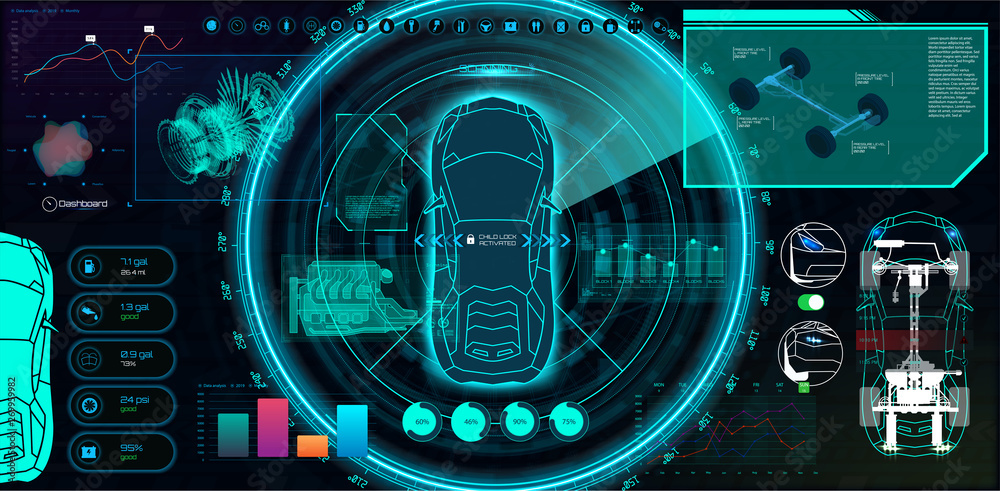 Poster digital automobile scanning. futuristic user interface ( hud, ui, gui) auto service, modern virtual 