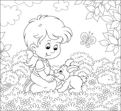 Smiling little girl playing with her small bunny among flowers on a lawn on a summer day, black and white vector illustration in a cartoon style for a coloring book