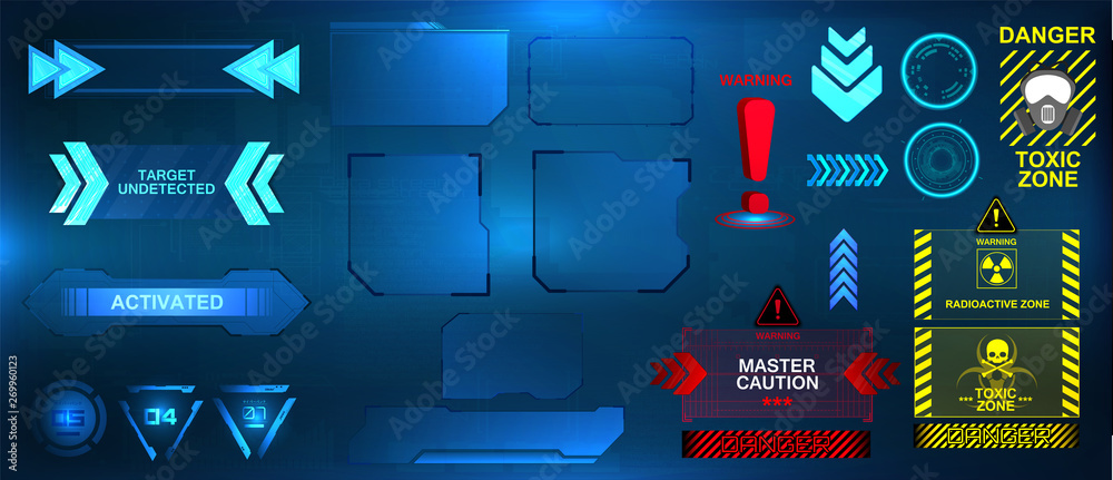Poster Futuristic HUD UI interface framework, signs and symbols for VR points, gamedev elements, game disign GUI. Vector collection FUI, HUD UI