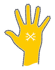 Vector yellow hand created from realistic bike chain. Isolated on white background. Stop gesture.